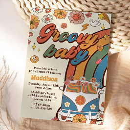 グルーヴィベビーレトロレインボーベビーシャワーパーティー 招待状