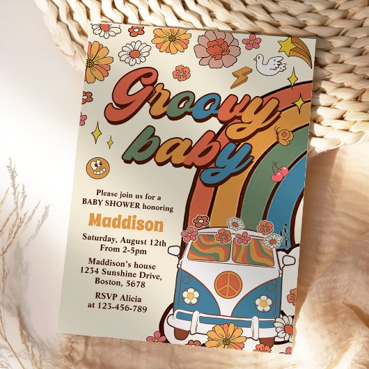 グルーヴィベビーレトロレインボーベビーシャワーパーティー 招待状
