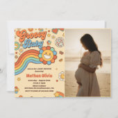 グルーヴィベビーレトロレインボーベビーシャワーパーティー 招待状 (正面)