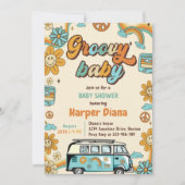 グルーヴィベビーレトロレインボーベビーシャワーパーティー 招待状 (正面)