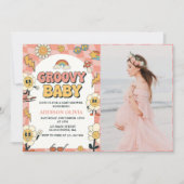 グルーヴィベビーレトロヴァンピンクベビーシャワーパーティー 招待状 (正面)
