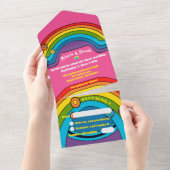 グルーヴィレインボー結婚レトロ70sカラフルファンキー オールインワン招待状 (貼ってはがせる)