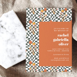 グルーヴィレトロオレンジグリーンチェッカーボードバルミツワー 招待状