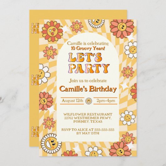 グルーヴィレトロチェッカーボードデイジー誕生日 招待状 (正面/裏面)