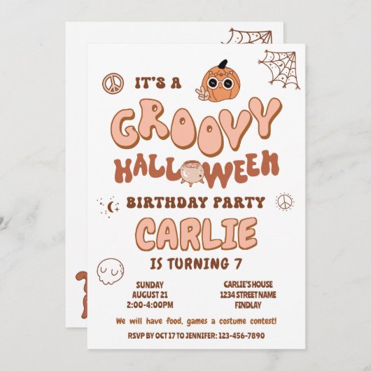 グルーヴィレトロハロウィーン誕生日パーティー、任意の年齢 招待状 (正面/裏面)