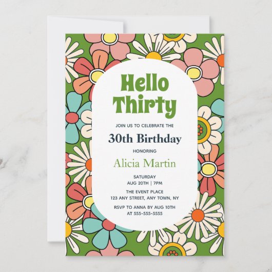 グルーヴィレトロヒッパイフラワーハローサーティ誕生日 招待状 (正面)