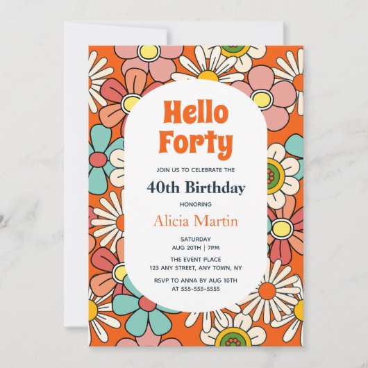 グルーヴィレトロヒッパイフラワーハローフォーティ誕生日 招待状 (正面)