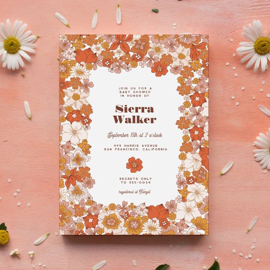 グルーヴィレトロヒッピーフローラピンクオレンジベビーシャワー 招待状