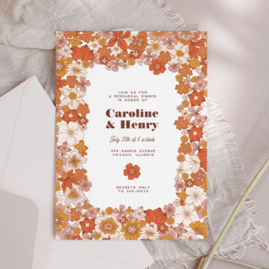 グルーヴィレトロピンクオレンジフローラリハーサルディナー 招待状