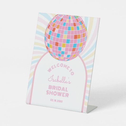 グルーヴィレトロピンクディスコボールブライダルシャワーへようこそ 台座サイン (正面)