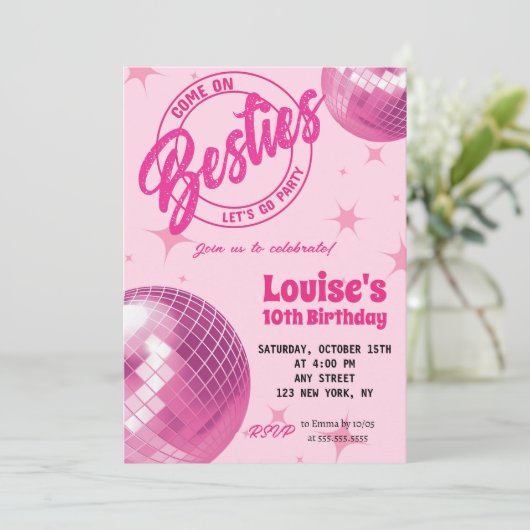 グルーヴィレトロピンクドールマリブパーティー誕生日 招待状 (スタンド正面)