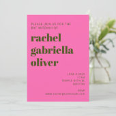 グルーヴィレトロフラワーズブライトピンクはっきりしたバルミツワー 招待状 (スタンド正面)