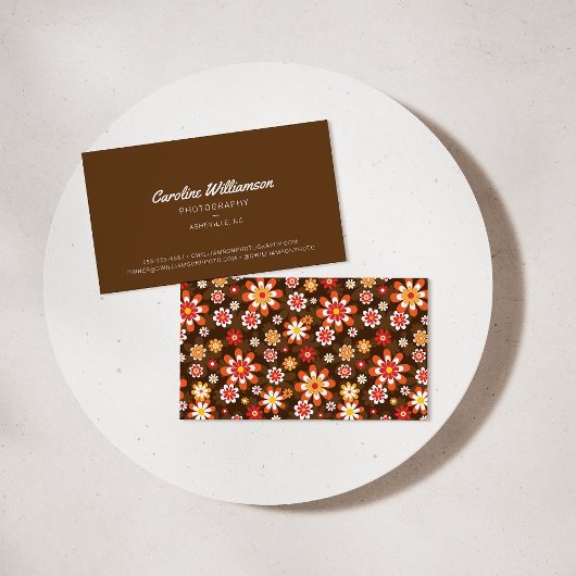 グルーヴィレトロブラウンオレンジボタニカルフラワーズトレンディー 名刺