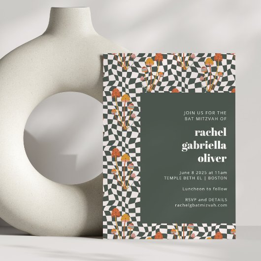 グルーヴィレトロボホグリーンチェッカーボードバルミツワー 招待状