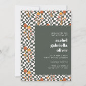 グルーヴィレトロボホグリーンチェッカーボードバルミツワー 招待状 (正面)