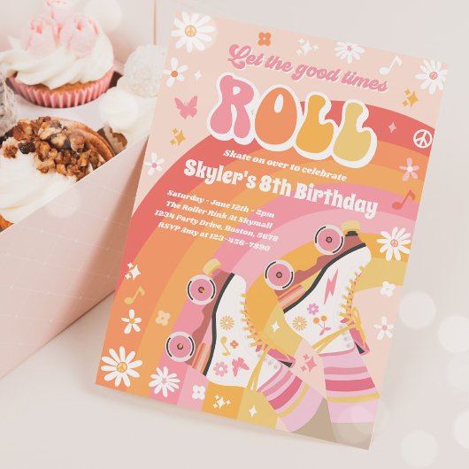 グルーヴィレトロレインボーローラスケートで滑る誕生日パーティー 招待状