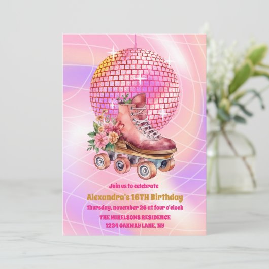 グルーヴィレトロローラスケートで滑るスウィート16誕生日 招待状 (スタンド正面)