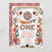 グルーヴィワンサイケデリックレトロガール1st誕生日 招待状 (正面/裏面)