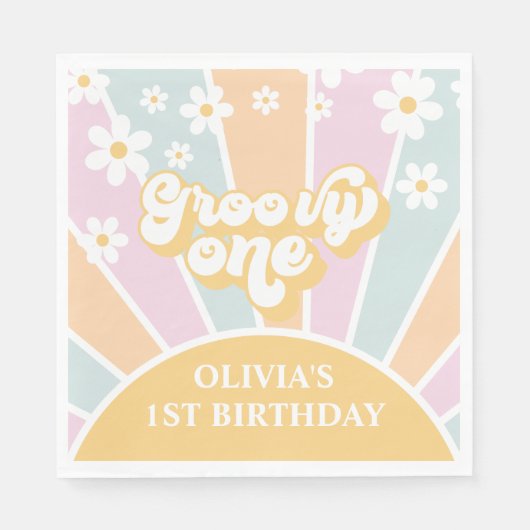 グルーヴィワンパステルレトロサンシャインデイジーボホ スタンダードランチョンナプキン (正面)