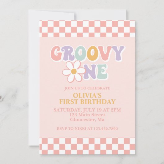 グルーヴィワンレトロガールファースト誕生日招待状 招待状 (正面)