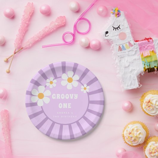 グルーヴィワンレトロサンシャインガール第2誕生日 ペーパープレート (パーティー)