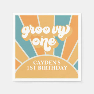 グルーヴィワンレトロサンシャインボーイファースト誕生日紙 スタンダードカクテルナプキン