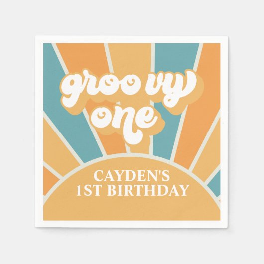 グルーヴィワンレトロサンシャインボーイファースト誕生日紙 スタンダードカクテルナプキン (正面)