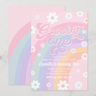 グルーヴィワンレトロデイジーパステルレインボー誕生日 招待状