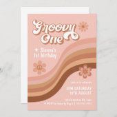 グルーヴィワンレトロデイジーピンクガール1st誕生日 招待状 (正面/裏面)