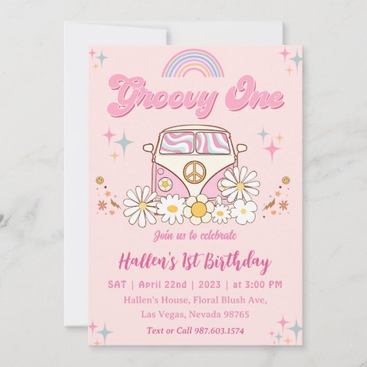 グルーヴィワンレトロデイジーレインボーファースト誕生日 招待状 (正面)