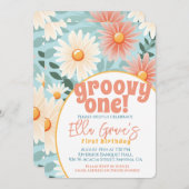 グルーヴィワンレトロボホフラワーファースト誕生日 招待状 (正面/裏面)