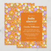 グルーヴィンテージ オレンジ パープル 花柄 ベビーシャワー 招待状 (正面/裏面)