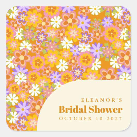 グルーヴィヴィンテージオレンジフローラブライダルシャワーカスタム スクエアシール (正面)