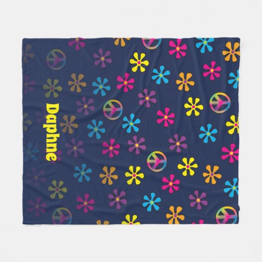 グルーヴィーヒッパイピースアンドフラワーシャワー名前をカスタムする フリースブランケット (正面(横))