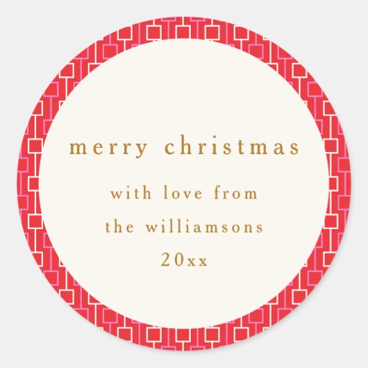 グルーヴィーレッドピンクレトロかわいい名前をカスタムするクリスマス ラウンドシール (正面)