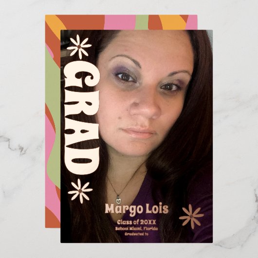 グルーヴィ花模様卒業プレス箔招待状 箔招待状 (正面/裏面)