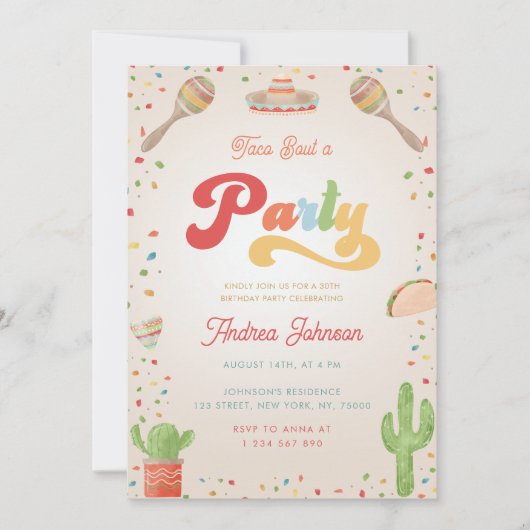 グルーヴカラフルフィエスタタコブアパーティー誕生日 招待状 (正面)