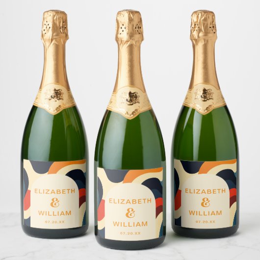グルーヴカラフルレトロウェーブボー結婚ズ スパークリングワインラベル (ボトル)