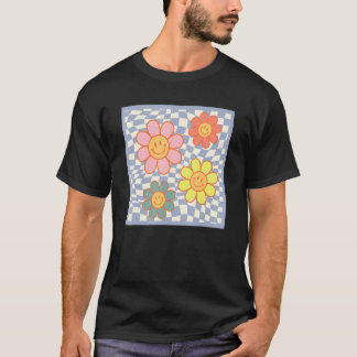 グルーヴデイジーフラワーハッピー顔ヒッピー市松模様にFo Tシャツ