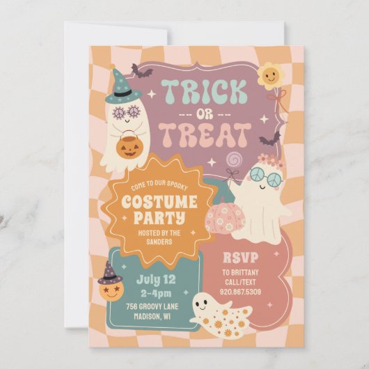 グルーヴレトロハロウィーン衣装パーティーかわいい幽霊 招待状 (正面)