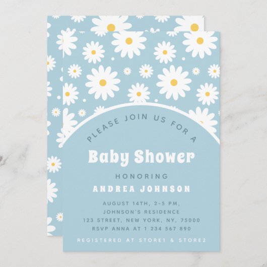 グルーヴレトロフローラダスティーブルーズデイジーベビーシャワー 招待状 (正面/裏面)