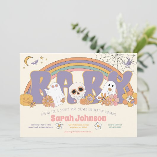 グルーヴ不気味ハロウィーン幽霊ガールベビーシャワー 招待状 (スタンド正面)