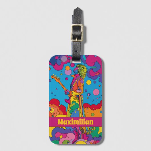 グルーヴ鮮やかロサイケデリックックのギタリスト ラゲッジタグ (正面縦)