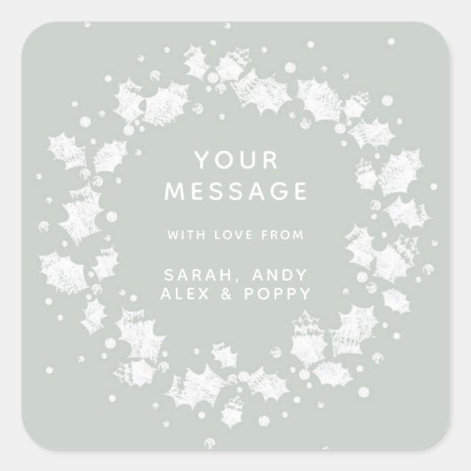 グレイかわいらしグリーンカスタムクリスマスホリーリース スクエアシール (正面)