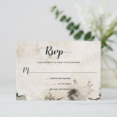 グレイとゴールドの水彩アルプス山脈のウェディング | 出欠カード (スタンド正面)