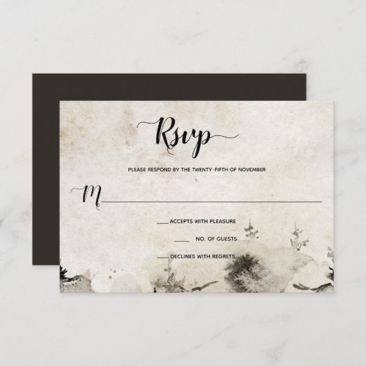 グレイとゴールドの水彩アルプス山脈のウェディング | 出欠カード (正面/裏面)