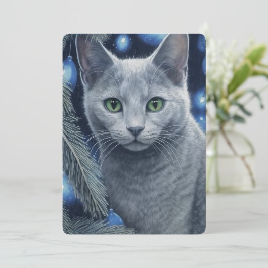 グレイのロシアンブルー猫のクリスマスまたはハヌカ祭り シーズンカード (スタンド正面)