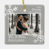 グレイの初クリスマス 結婚 フォト スノーフレーク セラミックオーナメント (正面)
