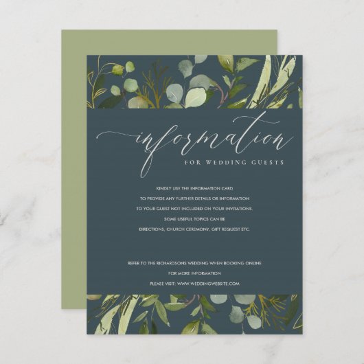 グレイの葉の水彩画 ウェディングインフォメーション エンクロージャーカード (正面/裏面)