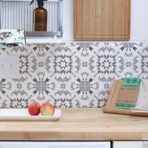 グレイアステカホワイトジオメトリックイカットボホトライバル タイル